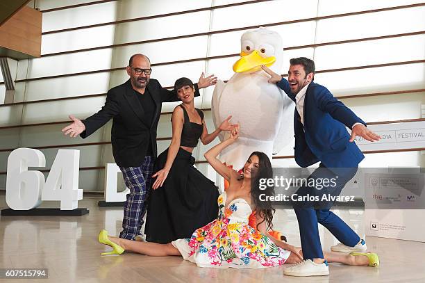 Jose Corbacho, Belen Cuesta, Almudena Cid and Arturo Valls attend 'Ciguenas' photocall during 64th San Sebastian Film Festival at Kursaal on...