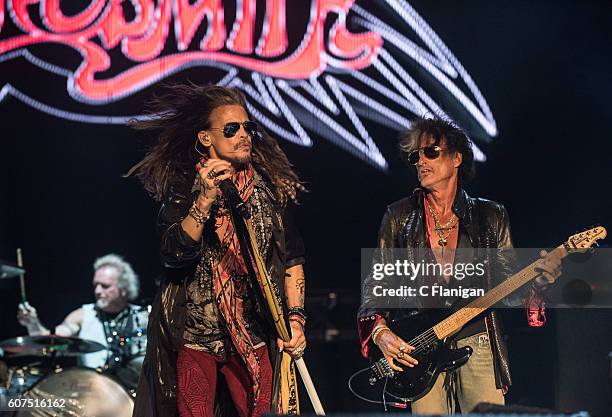 Musicians Steven Tyler, Joe Perry and Joey Kramer of Aerosmith perform on the Sunset Cliffs Stage during the 2016 KAABOO Del Mar at the Del Mar...