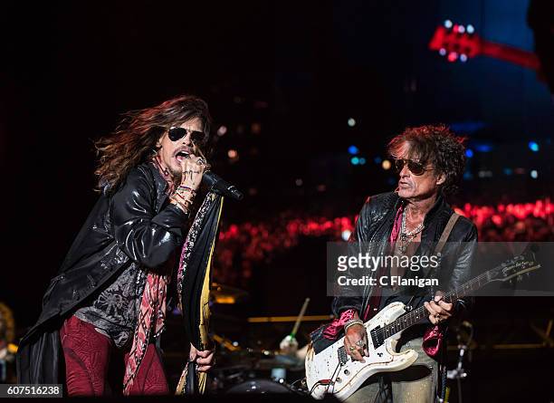 Musicians Steven Tyler and Joe Perry of Aerosmith perform on the Sunset Cliffs Stage during the 2016 KAABOO Del Mar at the Del Mar Fairgrounds on...