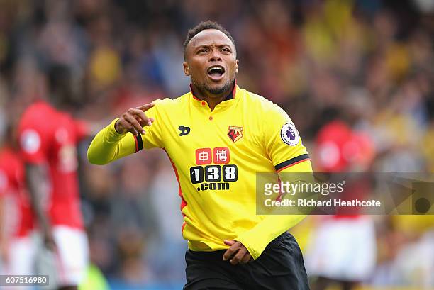 Juan Camilo Zuniga of Watford celebrates scoring his sides second goal during the Premier League match between Watford and Manchester United at...
