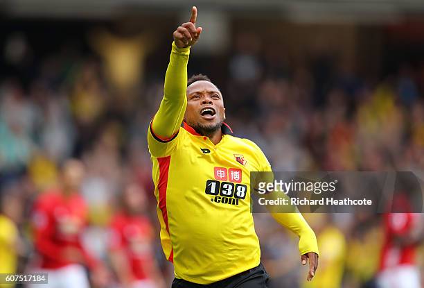 Juan Camilo Zuniga of Watford celebrates scoring his sides second goal with his team mates during the Premier League match between Watford and...