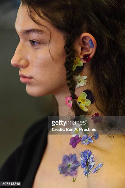 Model backstage ahead of the Preen by Thornton Bregazzi runway show during London Fashion Week Spring/Summer collections 2017 on September 18, 2016...