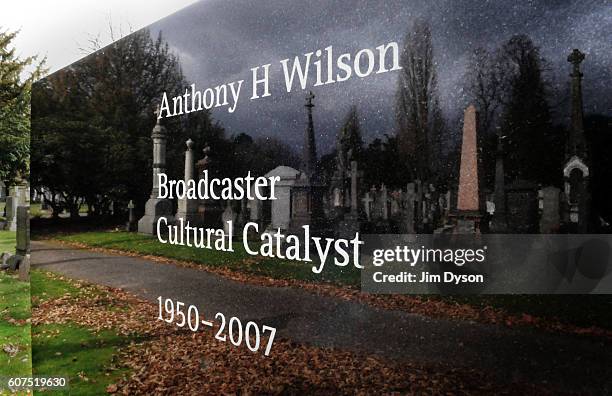 The grave of Factory Records founder Tony Wilson in Southern Cemetery, designed by Peter Saville, on March 17, 2011 in Manchester, England. Dead...