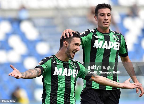 Matteo Politano of US Sassuolo celebrates after scoring the opening goal during the Serie A match between US Sassuolo and Genoa CFC at Mapei Stadium...