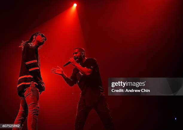 American Hip-hop artist Future and Canadian rapper Drake perform onstage during their 'Summer Sixteen Tour' at Pepsi Live at Rogers Arena on...