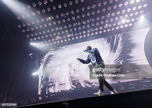 Canadian rapper Drake performs onstage during his 'Summer Sixteen Tour' at Pepsi Live at Rogers Arena on September 17, 2016 in Vancouver, Canada.