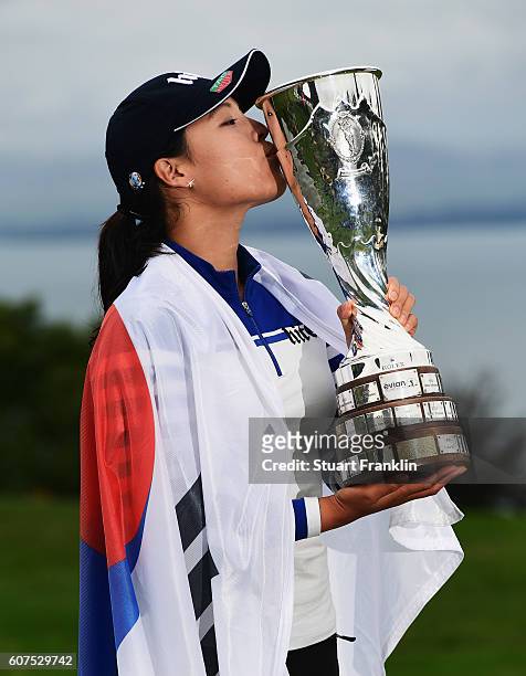In Gee Chun of Korea kisses the trophy after winning The Evian Championship on September 18, 2016 in Evian-les-Bains, France.