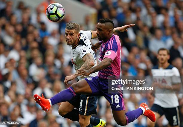 Tottenham Hotspur's Belgian defender Toby Alderweireld vies with Sunderland's English striker Jermain Defoe during the English Premier League...