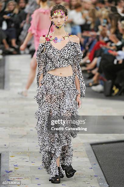 Model walks the runway at the Preen by Thornton Bregazzi Spring Summer 2017 fashion show during London Fashion Week on September 18, 2016 in London,...