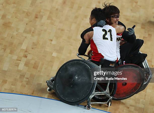 Team Japan celebrates victory against Canada in the Men's Wheelchair Rugby Bronze Medal match on day 11 of the Rio 2016 Paralympic Games at Carioca...