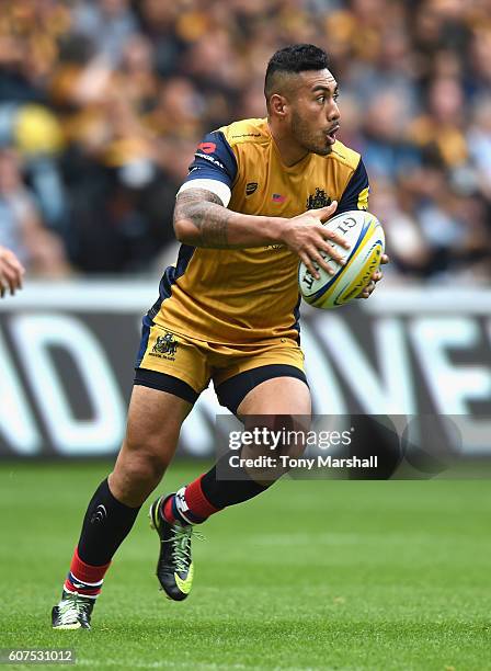 Tusi Pisi of Bristol Rugby during the Aviva Premiership match between Wasps and Bristol Rugby at The Ricoh Arena on September 18, 2016 in Coventry,...