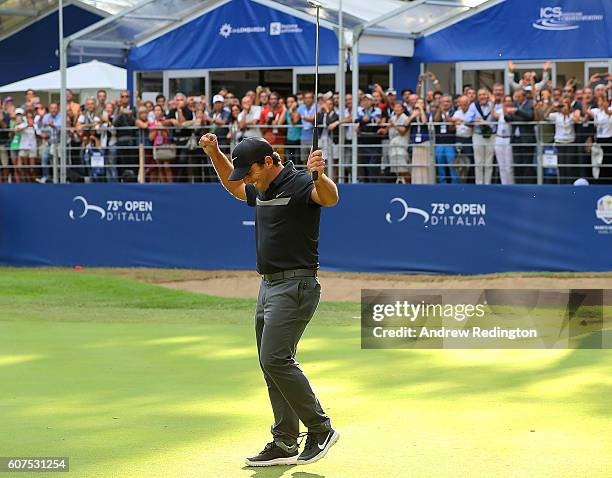 Francesco Molinari of Italy celebrates after holing his putt on the 18th hole to win the Italian Open at Golf Club Milano - Parco Reale di Monza on...