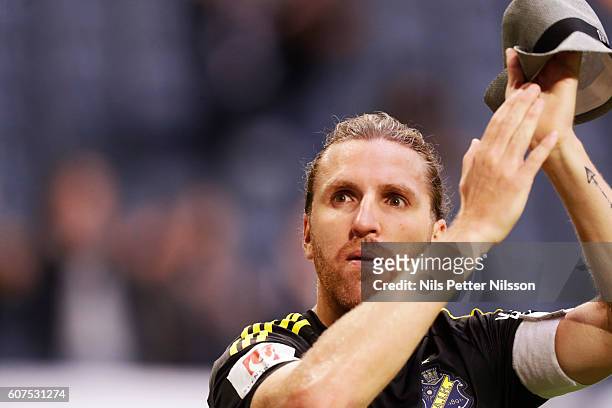 Nils-Eric Johansson of AIK celebrates after the victory during the Allsvenskan match between AIK and Gefle IF at Friends arena on September 18, 2016...