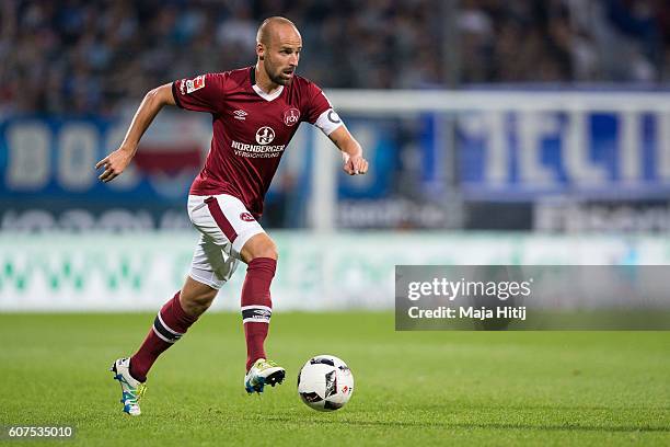 Miso Brecko of Nuernberg plays the ball during the Second Bundesliga match between VfL Bochum 1848 and 1. FC Nuernberg at Vonovia Ruhrstadion on...