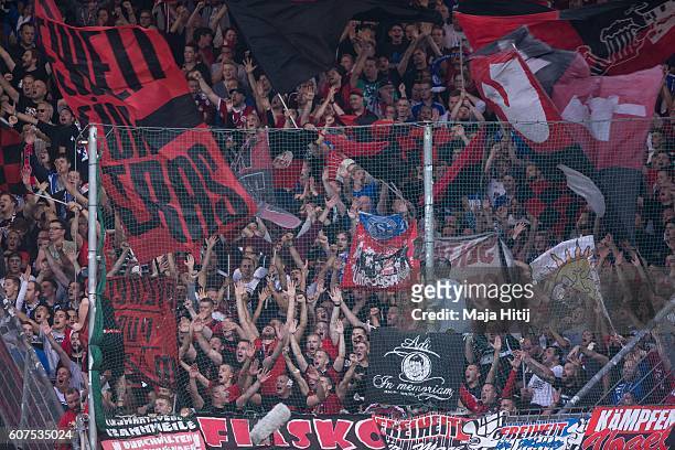 Fans of Nuernberg celebrate during the Second Bundesliga match between VfL Bochum 1848 and 1. FC Nuernberg at Vonovia Ruhrstadion on September 17,...