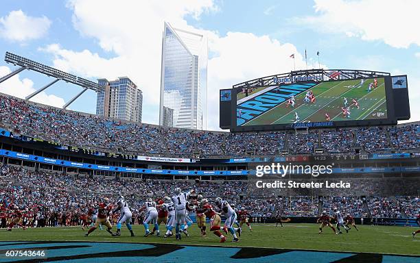 Cam Newton of the Carolina Panthers throws an interception on their first possession against the San Francisco 49ers during their game at Bank of...