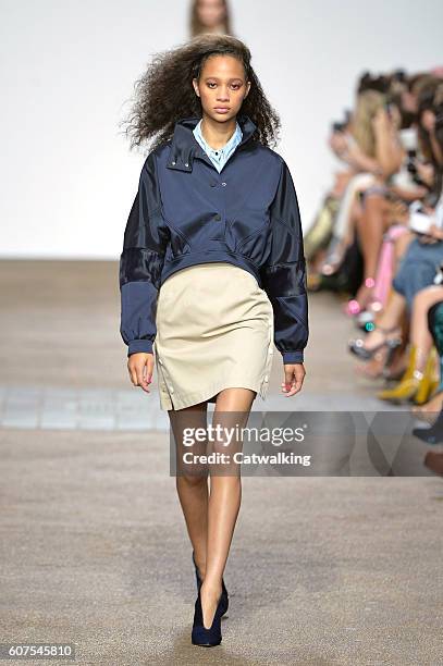 Model walks the runway at the Topshop Unique Spring Summer 2017 fashion show during London Fashion Week on September 18, 2016 in London, United...