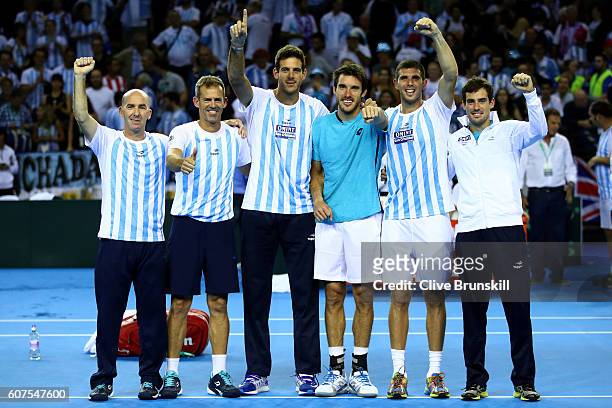 Mariano Hood, Argentina team captain, Daniel Orsanic, Juan Martin del Potro, Leonardo Mayer, Federico Delbonis and Guido Pella of Argentina celebrate...