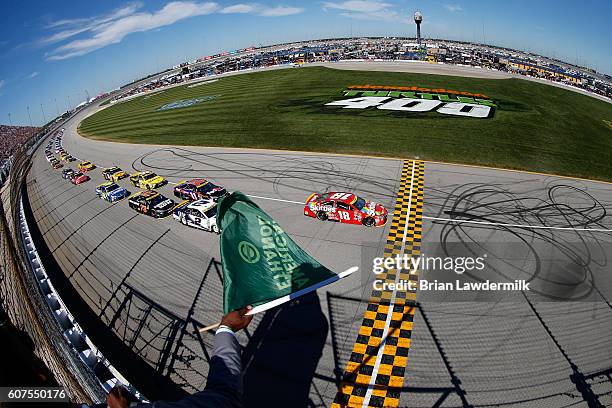 Kyle Busch, driver of the Skittles Toyota, leads the field to start the NASCAR Sprint Cup Series Teenage Mutant Ninja Turtles 400 at Chicagoland...