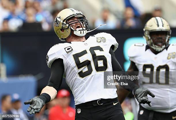 Michael Mauti of the New Orleans Saints reacts against the New York Giants during the first half at MetLife Stadium on September 18, 2016 in East...