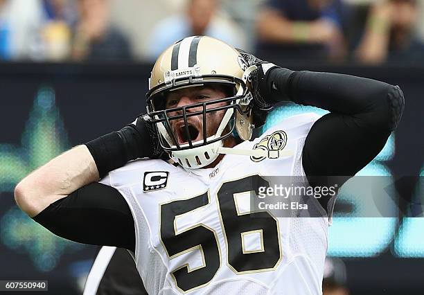 Michael Mauti of the New Orleans Saints reacts against the New York Giants during the first half at MetLife Stadium on September 18, 2016 in East...