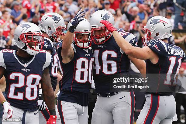 Danny Amendola of the New England Patriots celebrates with teammates after scoring a touchdown during the second quarter against the Miami Dolphins...