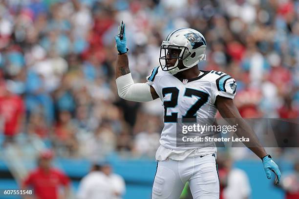 Robert McClain of the Carolina Panthers checks the line against the San Francisco 49ers in the 2nd quarter during their game at Bank of America...