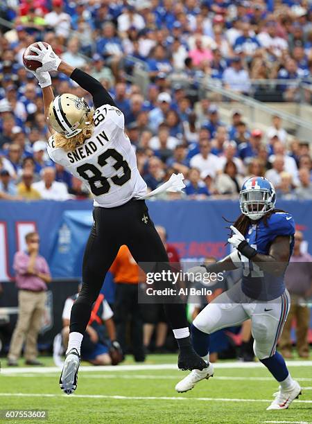 Willie Snead IV of the New Orleans Saints makes a catch to run 17-yards for a touchdown against the New York Giants during the fourth quarter at...