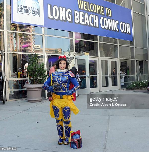 Cosplayer Amber Arden as a mashup of Snow White and a Mandolorian attends the Long Beach Comic Con held at Long Beach Convention Center on September...