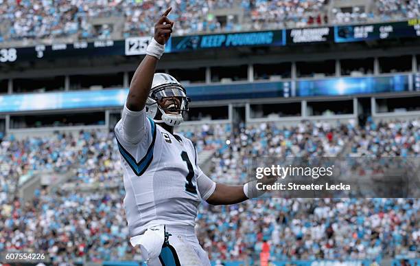 Cam Newton of the Carolina Panthers celebrates a 3rd quarter touchdown pass against the San Francisco 49ers during their game at Bank of America...