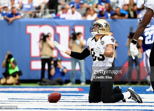 Willie Snead IV of the New Orleans Saints celebrates his touchdown against the New York Giants during the fourth quarter at MetLife Stadium on...