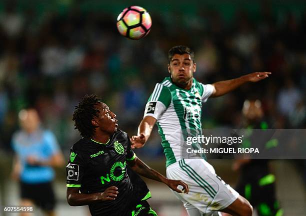 Sporting's forward Gelson Martins vies with Rio Ave's defender Rafa Soares during the Portuguese league football match Rio Ave FC vs Sporting CP at...