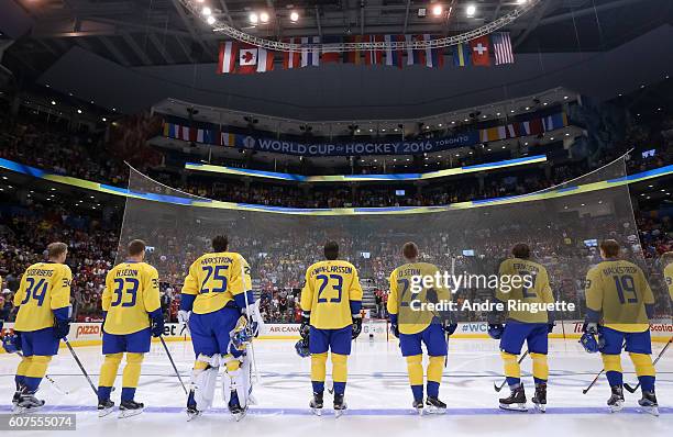 Team Sweden lines up prior to the game against Team Russia during the World Cup of Hockey 2016 at Air Canada Centre on September 18, 2016 in Toronto,...