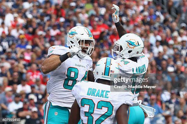 Jordan Cameron of the Miami Dolphins celebrates with Jarvis Landry after scoring a touchdown during the fourth quarter against the New England...