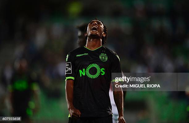 Sporting's forward Gelson Martins reacts after missing a goal opportunity during the Portuguese league football match Rio Ave FC vs Sporting CP at...