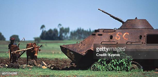 africa, ethiopia, view of tank with farmer and plow (year 2000) - ethiopian farming stock pictures, royalty-free photos & images