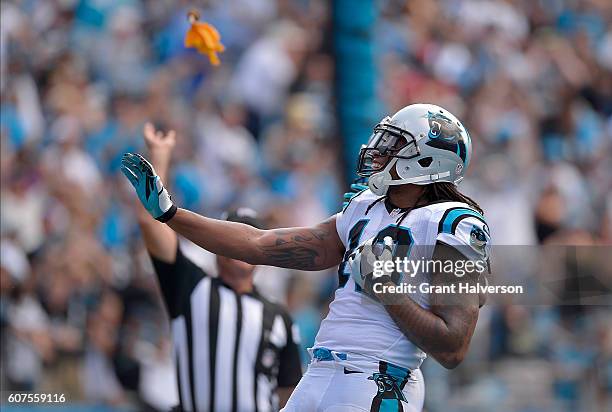 Kelvin Benjamin of the Carolina Panthers draws a celebration penalty flag after scoring a 3rd quarter touchdown against the San Francisco 49ers...