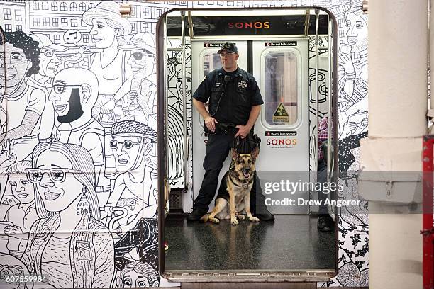 Member of the New York City Police Department K-9 Unit patrols on a subway train between Grand Central Terminal and Times Square, September 18, 2016...