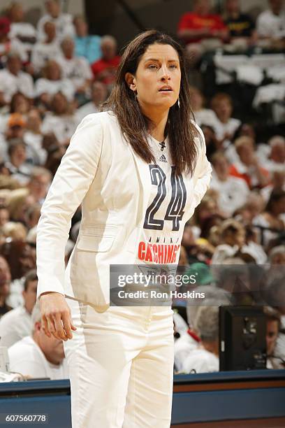 Head coach Stephanie White of the Indiana Fever looks on during the game against the Dallas Wings on September 18, 2016 at Bankers Life Fieldhouse in...