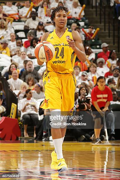 Tamika Catchings of the Indiana Fever handles the ball against the Dallas Wings on September 18, 2016 at Bankers Life Fieldhouse in Indianapolis,...