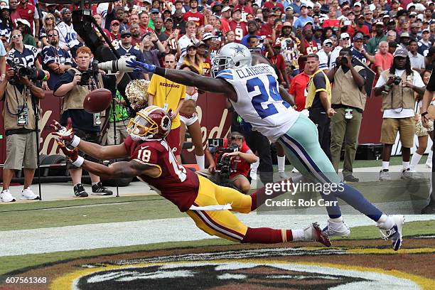 Wide receiver Josh Doctson of the Washington Redskins misses a catch against cornerback Morris Claiborne of the Dallas Cowboys in the second half at...