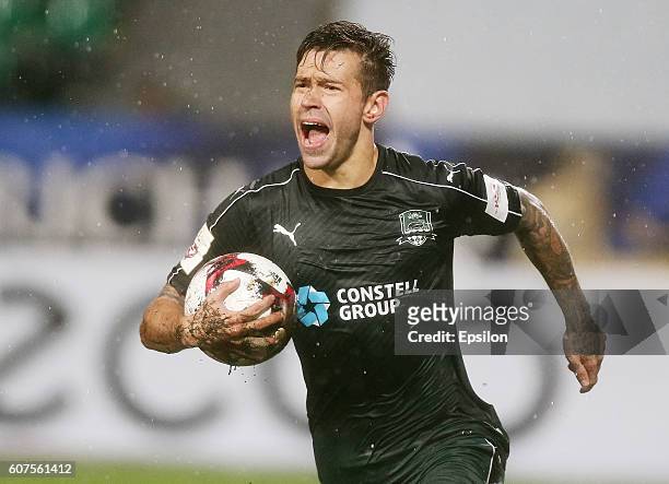 Fedor Smolov of FC Krasnodar celebrates after scoring a goal during the Russian Premier League match between FC Krasnodar v FC Rostov at Kuban...