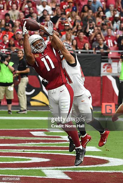 Wide receiver Larry Fitzgerald of the Arizona Cardinals makes a catch for a touchdown over cornerback Brent Grimes of the Tampa Bay Buccaneers during...