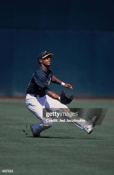 Terrence Long of the Oakland Athletics trying to catch a fly ball hit in the outfield during the game against the Cleveland Indians at the Network...