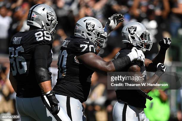 Latavius Murray of the Oakland Raiders celebrates after a 1-yard touchdown run during their NFL game against the Atlanta Falcons at Oakland-Alameda...
