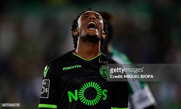 Sporting's forward Gelson Martins reacts during the Portuguese league football match Rio Ave FC vs Sporting CP at the Dos Arcos stadium in Vila do...