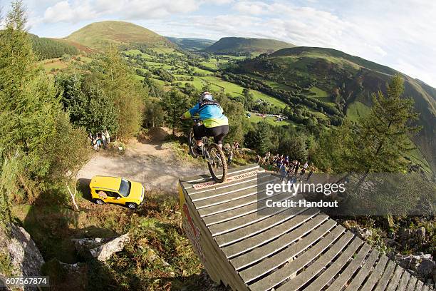 In this handout image supplied by Red Bull, Brook Macdonald competes during Red Bull Hardline on September 18 in Dinas Mawddwy, Wales, United Kingdom.