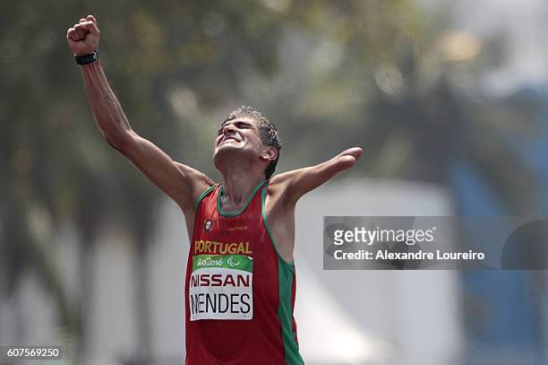 Manuel Mendes of Portugal celebrates the third place in the Men's Marathon - T46 at Fort Copacabana on day 11 of the Rio 2016 Paralympic Games at on...