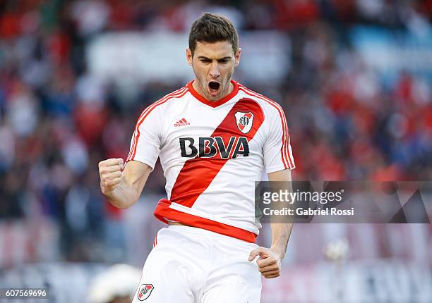 Lucas Alario of River Plate celebrates after scoring the opening goal during a match between River Plate and San Martin as part of third round of...