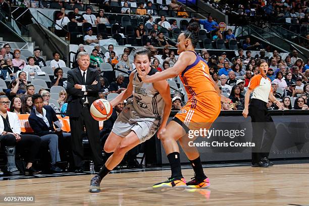 Haley Peters of the San Antonio Stars drives to the basket against the Phoenix Mercury on September 18, 2016 at AT&T Center in San Antonio, Texas....